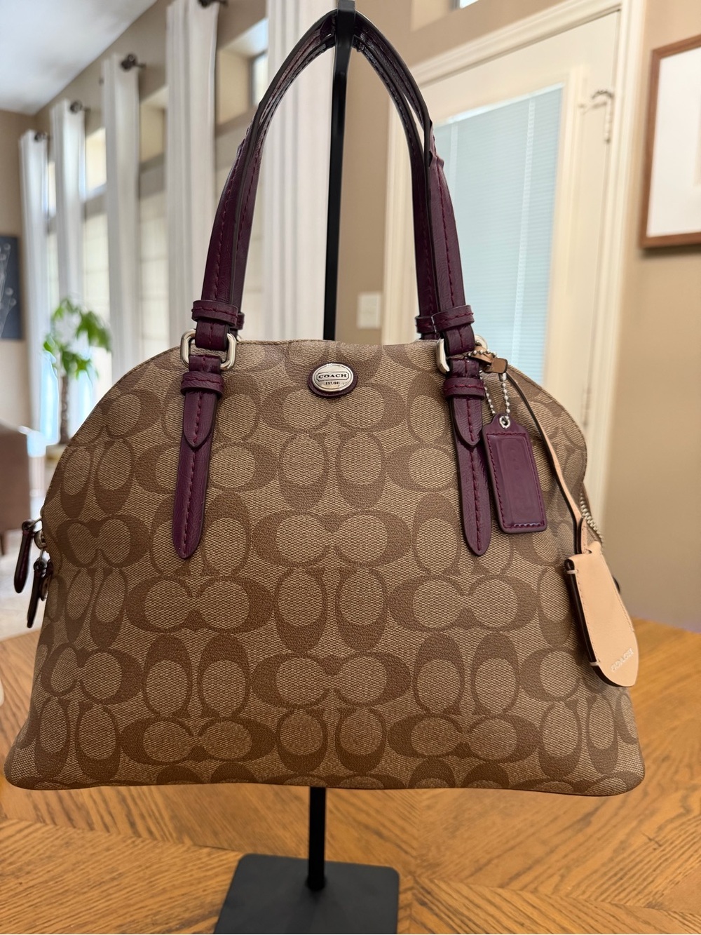 EUC Coach Peyton Signature Canvas Cora Dome Satchel in Brown with Plum Trim